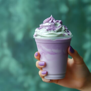 Ube and Matcha drink on white background,Iced Ube Latte,and matcha latte,PopularTrendy Purple Coffee Shop,plant based recipes,superfood,menu and banner,Healthy and wellness concept.