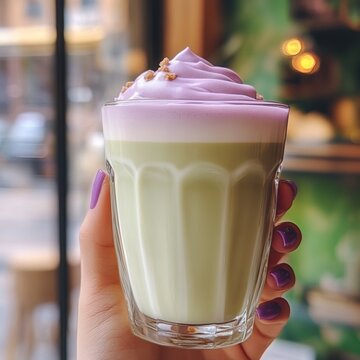 Ube and Matcha drink on white background,Iced Ube Latte,and matcha latte,PopularTrendy Purple Coffee Shop,plant based recipes,superfood,menu and banner,Healthy and wellness concept.