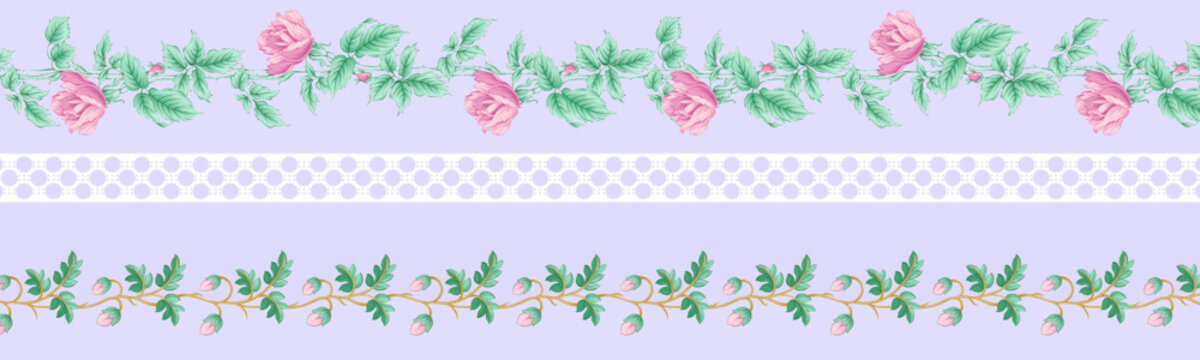 Charming floral border with pink roses and green leaves on lavender background with white polka dots. Delicate stripe pattern ideal for apparel, kids wear, and home decor fabrics.