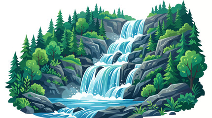 Obraz premium Scenic Forest Waterfall with Rocks and Pine Trees Vector Illustration