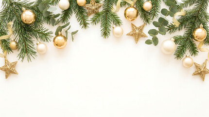Naklejka premium Elegant christmas background with golden ornaments and green fir branches on a white surface for holiday design