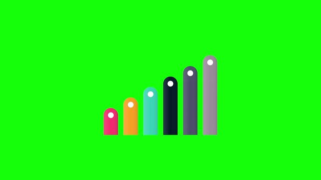 Animated colorful bar chart growing on green screen background.