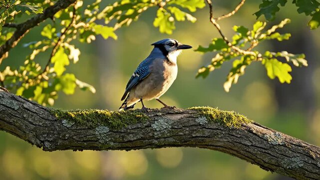 Blue jay bird perched on a mossy tree branch in a sunny forest surrounded by green leaves