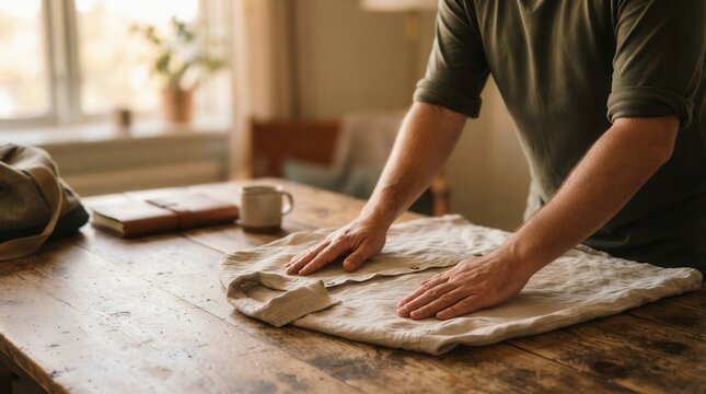 Capturing the Serene Beauty of Daily Domestic Rituals and Simple Living on a Rustic Wooden Table in a Warm Sunlit Room
