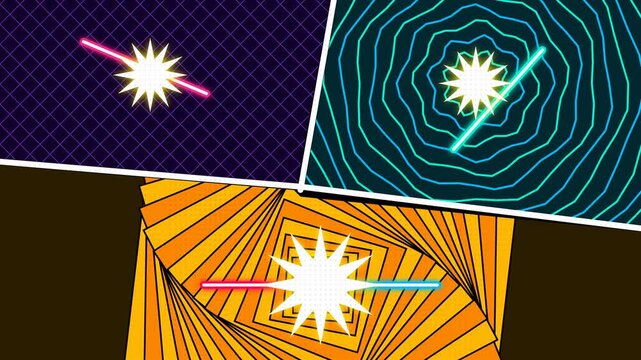 Vibrant geometric abstraction featuring dynamic glowing star icons and repeating kinetic wave patterns in this trippy digital motion video footage