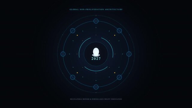 Motion graphic loop celebrating new year 2023 with nuclear bomb symbol, atomic energy, global threat