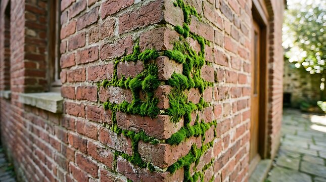 Red brick wall corner overgrown with bright green moss outdoor architectural detail