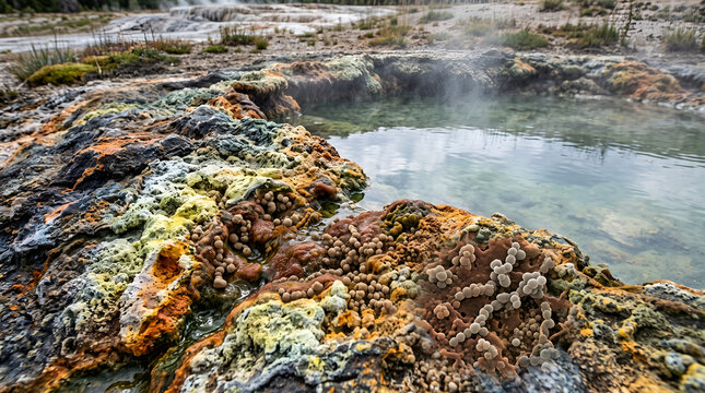 Scientific visualization of acidophilic archaea surviving in an acidic geothermal habitat for extremophile research, biomining, biotechnology, environmental science, and microbiology.