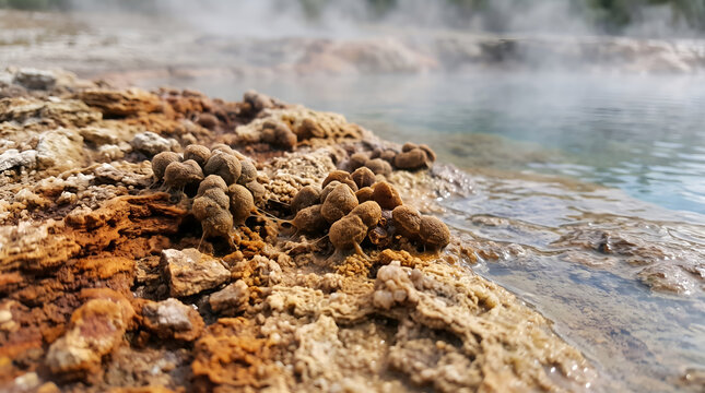 Realistic scientific visualization of thermophilic archaea in a geothermal habitat, ideal for biotechnology, extremophile research, microbiology, environmental science, and education.
