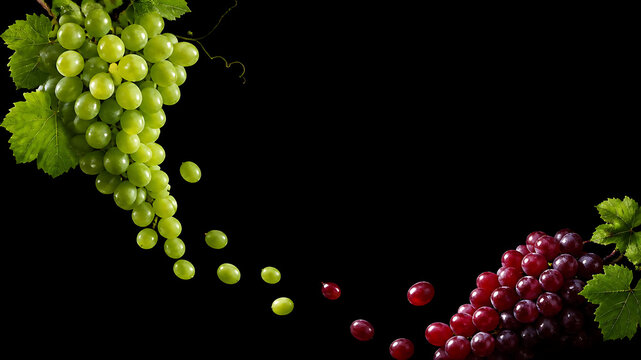 Fresh green grapes cascading gracefully from the upper left toward a rich red grape cluster in the lower right, dynamic flowing composition, realistic individual grapes