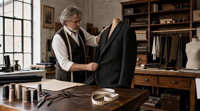 Tailor examining wool jacket in workshop