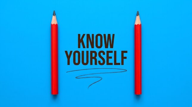 Motivational concept with the phrase know yourself written between two red pencils on a blue background