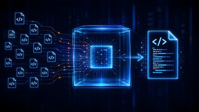 Glowing digital cube processing multiple data files and code documents into a single organized file representing data management and artificial intelligence compilation.