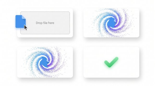 File Upload Process UI Concept with Drag and Drop Loading Vortex and Success State Icons