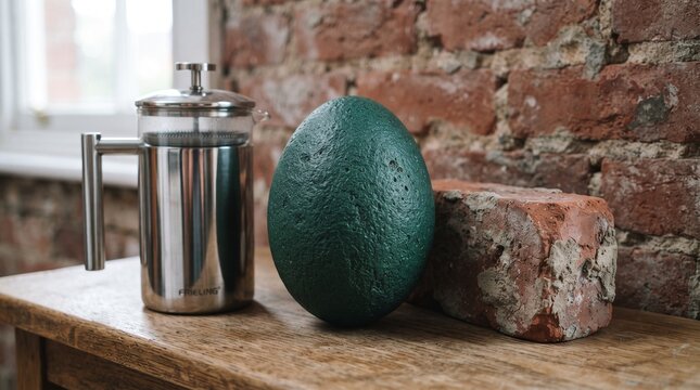 A large, textured emu egg shell; a classic, red brick with mortar traces; and a modern, stainless steel french press coffee maker.