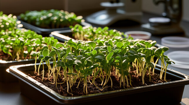 Young seedlings sprouting in trays indoors