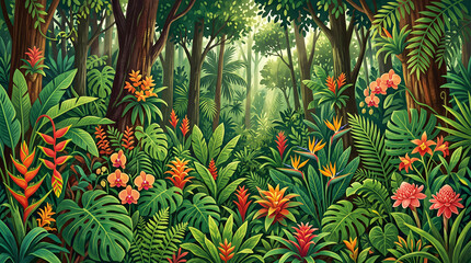 Obraz premium Lush tropical jungle with vibrant exotic flowers and dense foliage rainforest