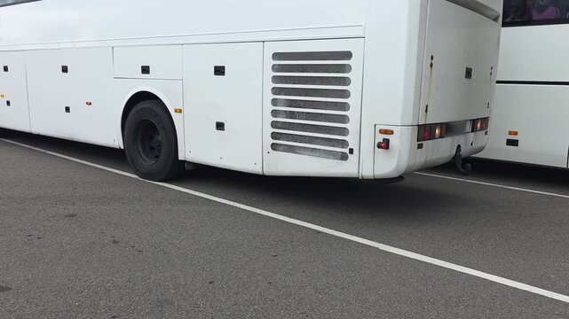 Rear view of two white passenger buses parked on asphalt road, one bus showing taillights and trailer hitch, side view of second bus with windows and reflections of people, station