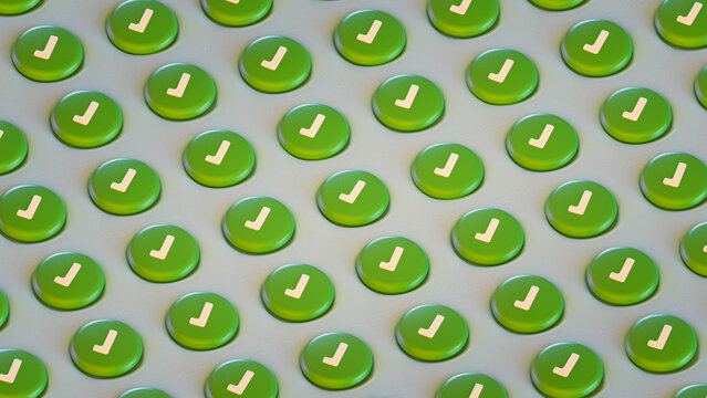 Pattern of Green Check Mark Buttons on Grey Surface 3D Render