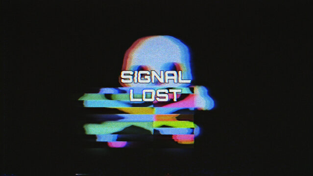 Glitching Skeleton with Signal Lost Message on Black Background