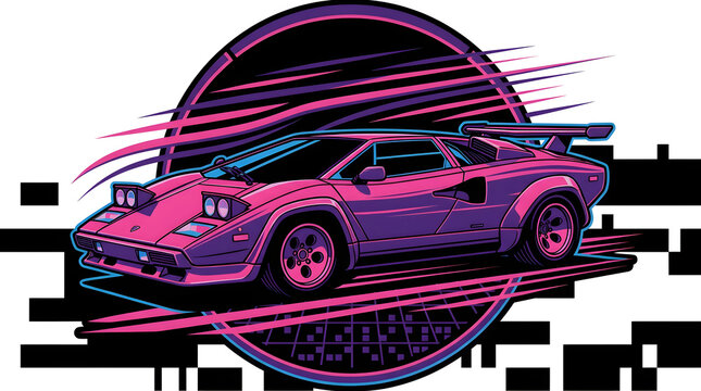Retro 80s Cyberpunk Sports Car Moving at High Speed Vector Illustration. Futuristic 1980s Style Supercar Concept Illustration in Neon Pink and Purple.