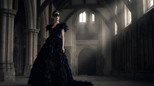 Woman in an ornate black gothic gown and masquerade mask within a dark cathedral.