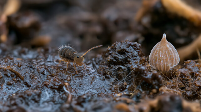 Springtail insect crawling on moist soil