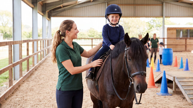 Child riding a pony with instructor in riding arena, colorful cones and other riders visible in the background