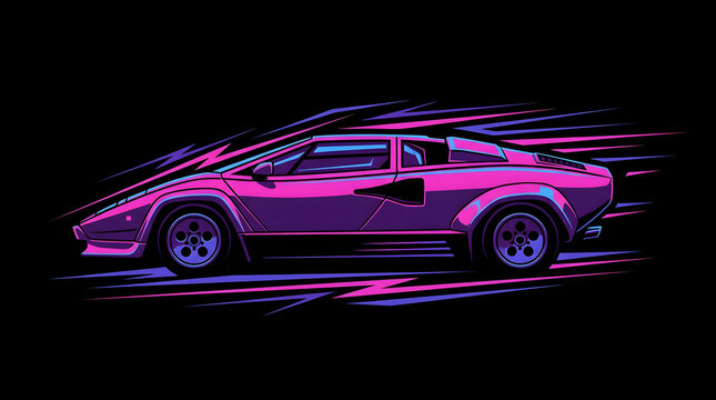 Retro 80s Cyberpunk Sports Car Moving at High Speed Vector Illustration. Futuristic 1980s Style Supercar Concept Illustration in Neon Pink and Purple.