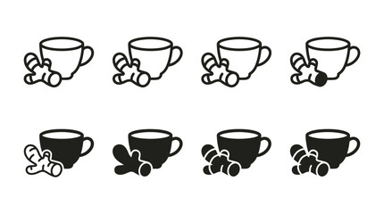 Obraz premium Ginger tea cup icons set in outline and solid vector design with ginger root hot beverage herbal drink outline style