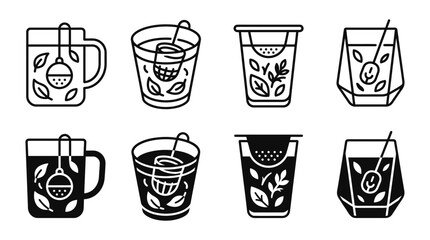 Fototapeta premium Set of black and white line icons representing tea cups mugs infusers with leaves tea cup mug icon tea infuser