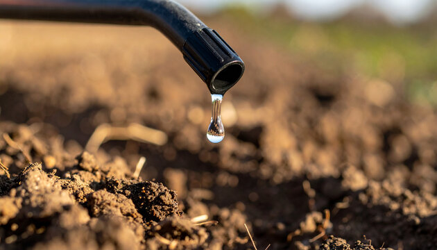 A single water drop about to fall from a micro-irrigation emitter, captured in macro detail against cloddy dry soil. Symbol of water conservation and precision planting