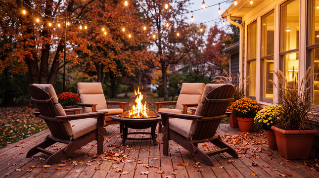 Cozy outdoor fire pit area with four chairs surrounded by autumn foliage and string lights illuminating the deck at dusk