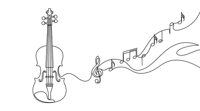 Minimalist continuous line drawing of a violin with floating musical notes in black and white for music design projects.