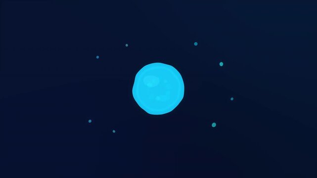Looping 3d animation of glowing blue liquid droplets merging into a sphere and dispersing in zero gravity
