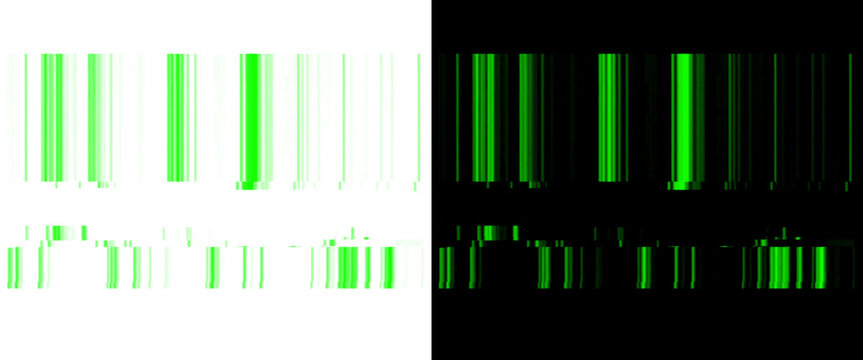 Neon green barcode scan effect on black and white background, digital glitch barcode graphic, cyber security data concept