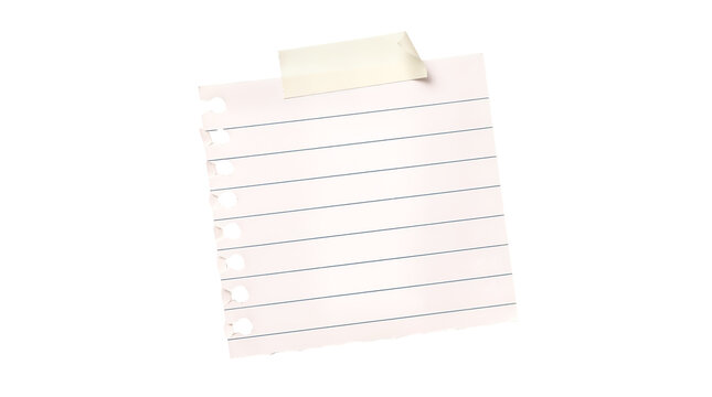 Lined paper note with masking tape, torn notebook page on white background, blank sticky memo for office reminders and school messages