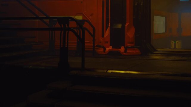 Within a futuristic hallway, bright colors emerge from the walls. Steps lead to doors that are partly open. Light casts shadows in the space, creating a mysterious atmosphere.