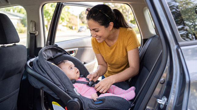 Woman fastening baby in car seat inside vehicle, with sunlight filtering through windows and a suburban street visible outside
