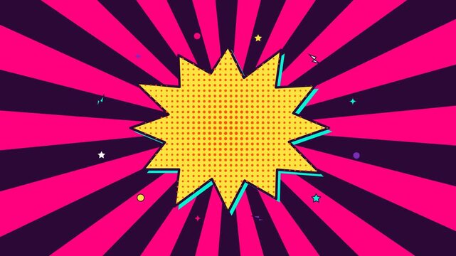Dynamic starburst explosion animation featuring vibrant pop art style patterns with retro radiating rays for high impact motion video footage