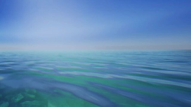 The scene shows clear blue ocean waters stretching far into the horizon. The waves are gentle and reflect the blue sky above in the midday light.