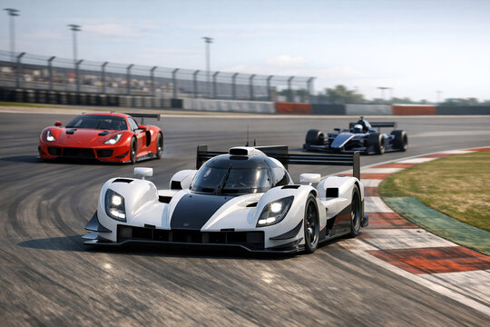 High-speed race cars on a winding track. White and black vehicle leads the pack. Red sports car follows closely behind. Blue race car trails further back. Track curves sharply with red