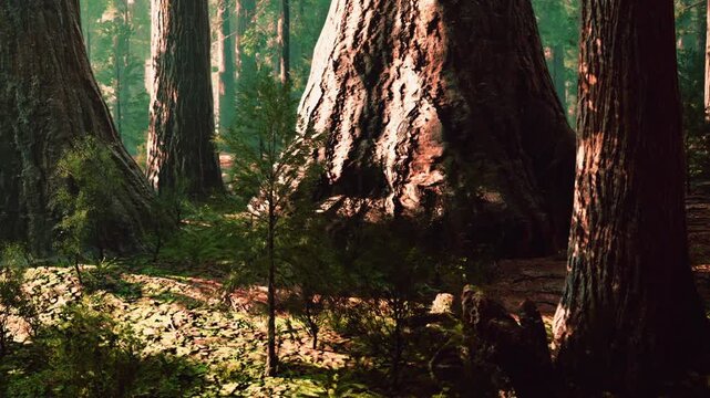 A forest scene shows tall trees with a mixture of light and shadows. Sunlight filters through the leaves and creates a bright area on the ground. Green plants surround the tree trunks.