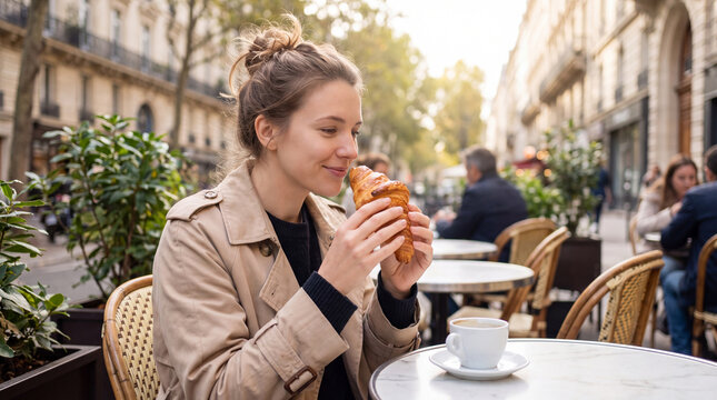 Young woman enjoying a croissant and coffee at an outdoor cafe in a European city, with trees and people in the background
