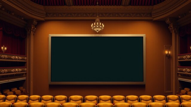 Empty cinema interior. Rows seats face blank screen. Warm lighting, ornate details create dramatic atmosphere. Quiet anticipation.