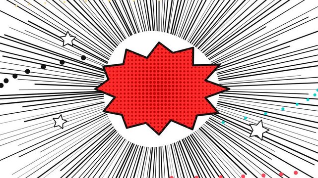 Vibrant comic book explosion burst background with red halftone speech bubble shape and dynamic speed lines in motion video clip
