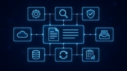 Fototapeta premium Centralized data governance architecture diagram showing interconnected neon icons for secure document management