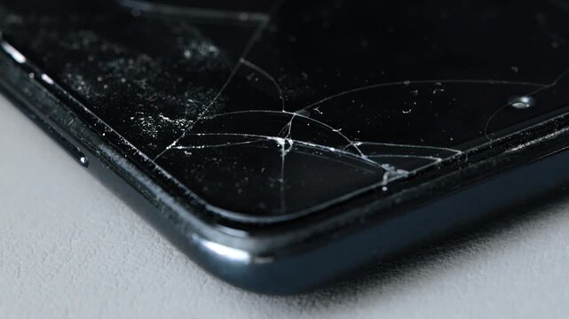 Close up view of fractured screen protector over dark color smartphone displaying spiderweb pattern of cracks and small fragments, evidence damage accident device