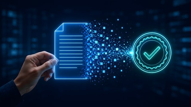 Digital document processing and verification concept with hand holding glowing electronic paper transforming into data and a checkmark of approval.