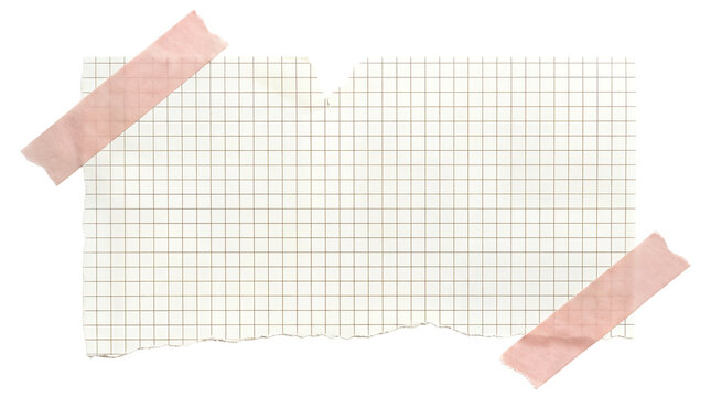 Vintage torn graph paper with pink washi tape, aesthetic grid paper scrap for scrapbooking, textured note paper on white background